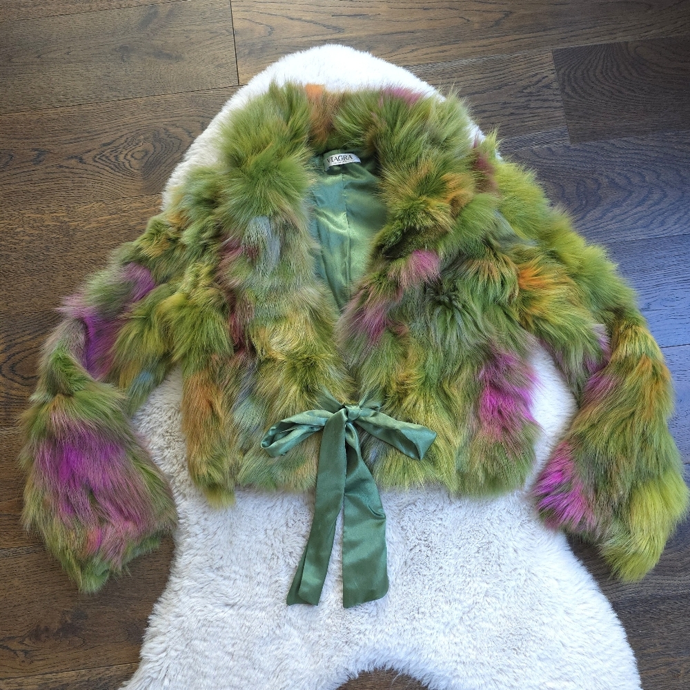 Vintage Y2K Rainbow Multicolored Ombre Fur Bow Crop Jacket